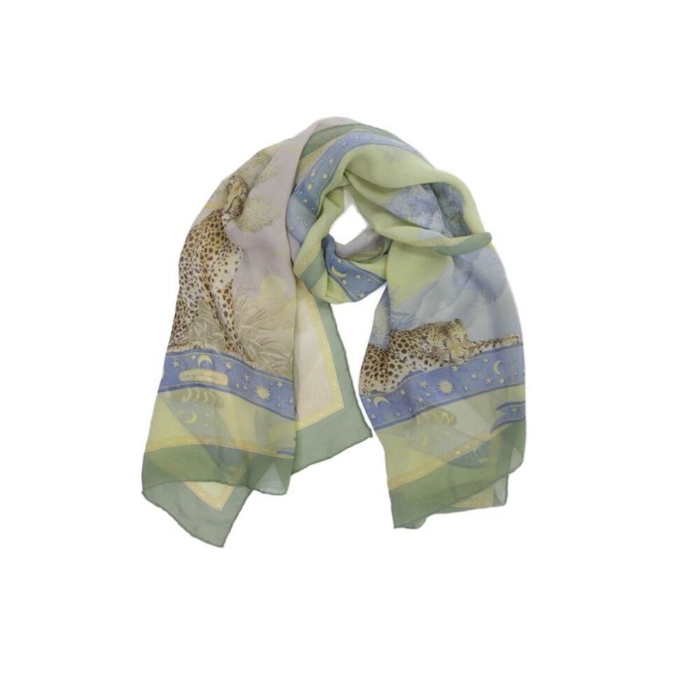 Salvatore Ferragamo Womens Silk Leopard Night & Day Scarf Green Blue 50"x19"